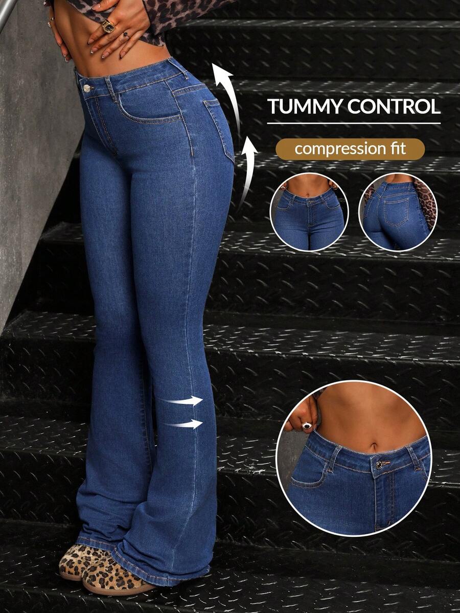 SHEIN Tall 休闲洗水中腰紧身喇叭牛仔裤 - 深色水洗藍 - 查看 1