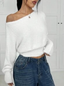 SHEIN EZwear 2025 New Minimalism Fall And Winter Comfortable Softy Cute White Sweater Women's Solid Color Asymmetric Neckline Casual Long Sleeve Sweater Going Out Outfit Halloween Clothes Christmas Clothes Autumn Clothes