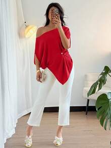Rafferiza Elegant, Daily Casual And Versatile, Sexy Oblique Shoulder, Asymmetrical Design, Dropped Shoulder Sleeves, Waist Pleats, Green Women's Spring And Summer Tops, Shirts, Asymmetrical Shoulder Tops - Red - View 6