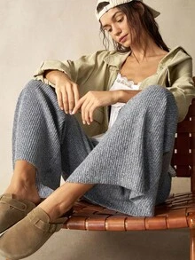 Bohemela BOHO Women's Drawstring Waist Floral Chiffon Wide Leg Knit Pants In Fall/Winter - Grey - View 3