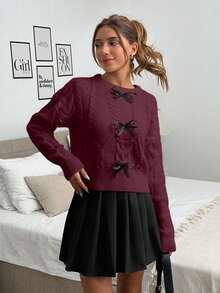 Casual Braided Bow Knit Long Sleeve Pullover Sweater,Jumper,Jumpers For Women,Cream Jumper,Jumpers,Christmas Jumper,White Jumper,Black Jumper,Ladies Jumper,Tall In Women,Women's Jumpers