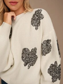 Enchnt Women's White Floral Sequin Drop Shoulder Long Sleeve Loose Casual Sweater,Elegant Autumn Clothes For Brunch, Sweet&Fashionable Party Top - Beige - View 3