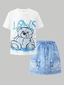 SHEIN Explorewe Set de 2 piezas de ropa para adolescentes: una camiseta de manga corta y cuello redondo con estampados de letras y osos de peluche en estilo callejero, combinada con una falda corta rosa. Conjunto de ropa universitaria y ropa deportiva para la temporada de regreso a clases 2025 - Azul - Ver 7