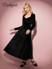 2pcs/Set Teen Girls Casual Elegant Vacation Dress, Black Long Sleeve Jacket And Black Velvet Bowknot Camisole Snug Fit Maxi Dress, Suitable For Halloween, Autumn/Winter Black Outfits Black Dress Black Clothes Black Outfit Set Black Glitter Dress - Black - View 5