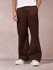 SUMWON 喇叭阔腿裤棕色斜纹布基本款裤子秋冬喇叭裤连衣裙复古时尚宣言 - 棕色 - 查看 4