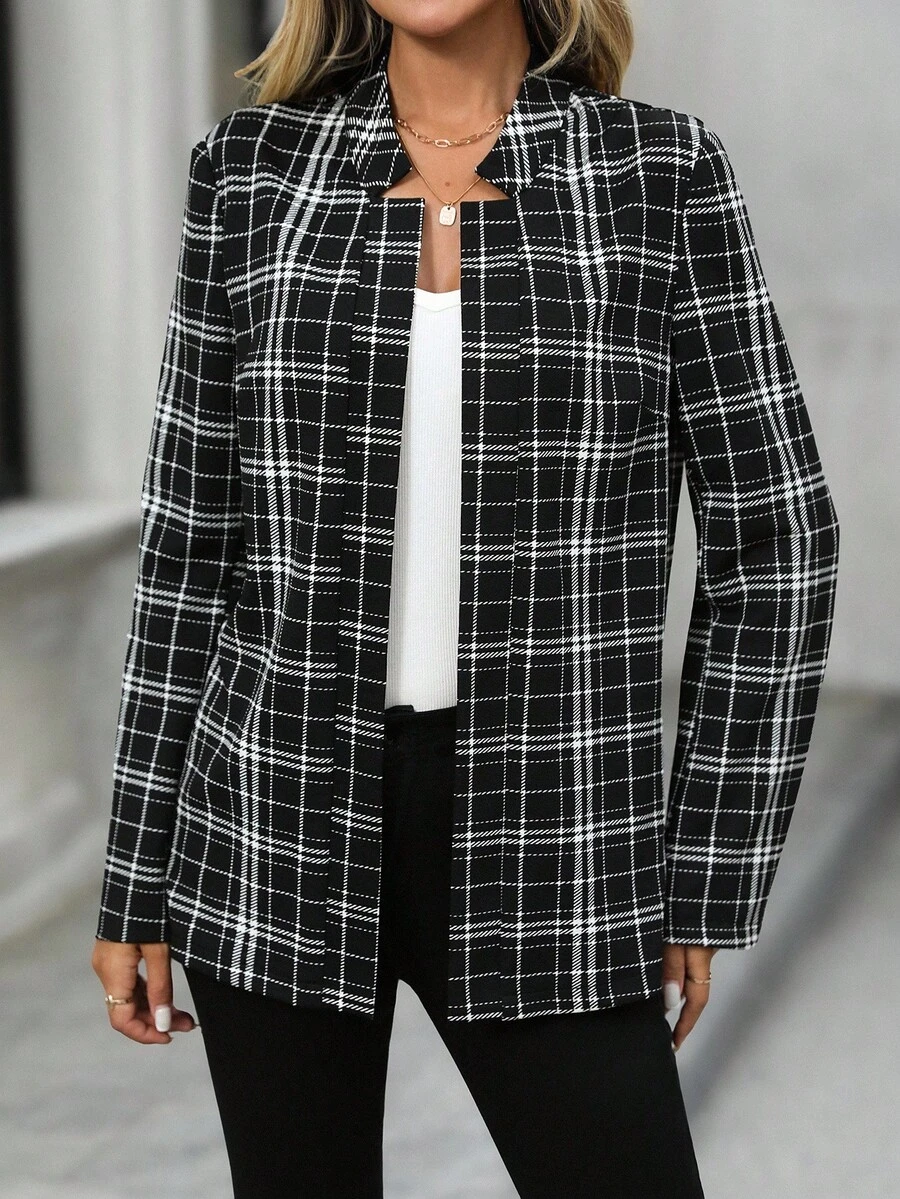 EMERY ROSE 女式格子长袖开襟休闲宽松夹克 - 黑色 - 查看 1