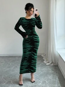 Elenzga Women's Color Block Round Neck Long Sleeve Elegant Fitted Waist Knit Dress - Green - View 5