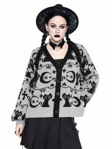 ROMWE Goth Áo len cardigan dáng rộng thường ngày dành cho nữ với họa tiết mèo và mặt trăng bí ẩn tối màu, Halloween - Xám - Xem 9