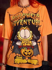 GARFIELD | SHEIN 女式夏季万圣节猫咪印花圆领短袖T恤 - 橘色 - 查看 4