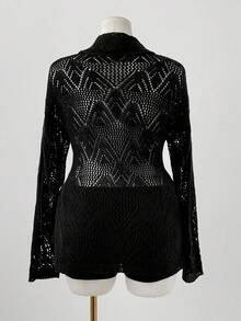 Sweetra Nuevo suéter versátil de cuello alto, hueco, punk, retro de manga larga - Negro - Ver 2