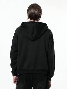 ROMWE MEN Goth Sudadera con capucha casual de manga larga con cremallera y cuello, con estampado gótico oscuro, para otoño - Negro - Ver 8