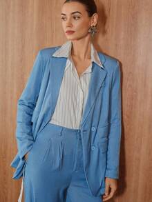 Chiquease Áo khoác Blazer nữ dệt kim tay dài thời trang xuân/thu, thiết kế hai túi, hiệu ứng denim, thời trang thường ngày đa năng - Màu xanh nhạt - Xem 1