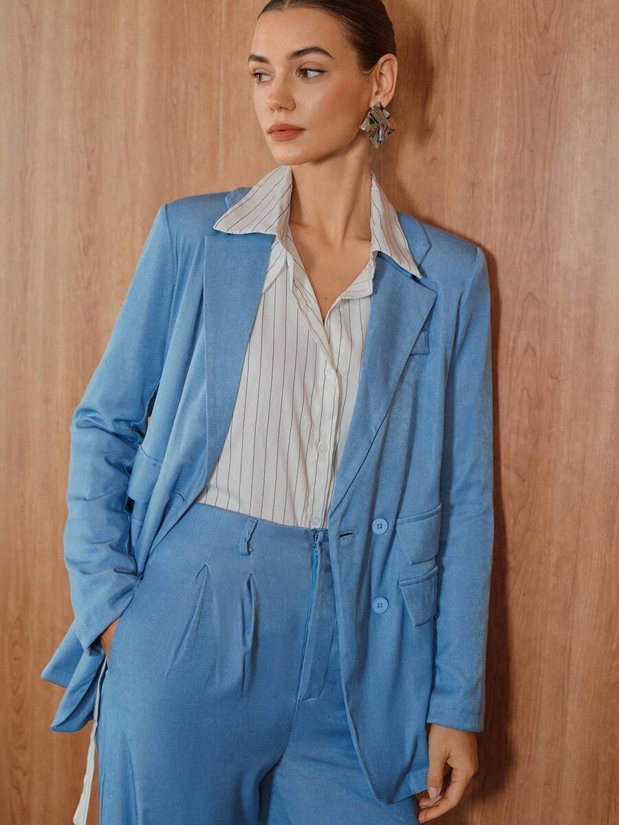 Chiquease Áo khoác Blazer nữ dệt kim tay dài thời trang xuân/thu, thiết kế hai túi, hiệu ứng denim, thời trang thường ngày đa năng - Màu xanh nhạt - Xem 1