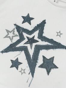 SHEIN 少女拼色牛仔街头风星星印花白色长袖卫衣和牛仔印花喇叭裤套装，休闲、舒适、百搭、面料柔软，适合上学、郊游、派对、返校、秋冬季 - 彩色 - 查看 5