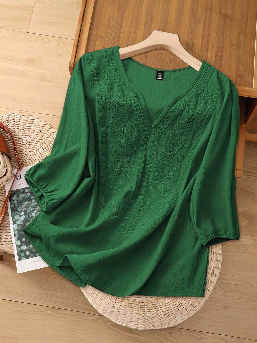 Linhara Women's V-Neck Embroidered 3/4 Sleeve Linen Blouse, Loose Fit Summer Top
