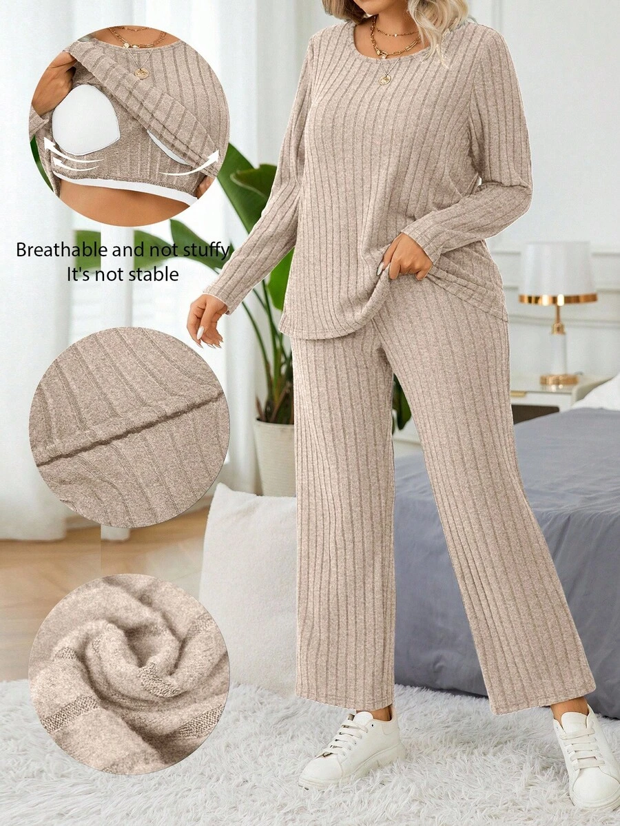 Calvaya 2pcs Fitted Casual Ribbed Brushed Long Sleeve Top With Built-In Padded Bra And Pants Set - Khaki - View 1