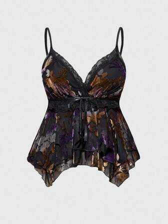 Fairycore Canotta asimmetrica con volant, motivo floreale floccato, stile hippie retrò, per donne taglia curvy, adatta per Ognissanti