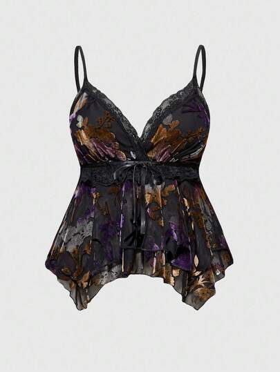 Fairycore Plus Size Women Millennium Hippie Retro Flocked Floral Pattern Ruched Asymmetrical Hem Multi-Layer Camisole, Halloween