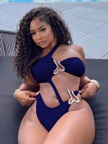 Alexandranx Bộ đồ bơi liền thân hở kim loại gợi cảm mùa hè dành cho nữ - Màu xanh hải quân - Xem 8