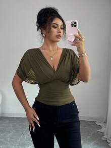 Elenzga Camiseta de mujer para primavera/verano con malla, forro elástico de punto, elegante para vacaciones, playa, uso diario y casual, con estilo romántico francés, mangas con fruncidos cruzados en los hombros, cintura fruncida con cordón y volantes en el bajo - Verde militar - Ver 5
