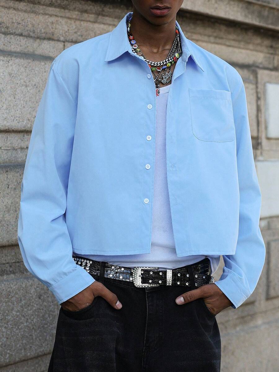 PAVTROS Manfinity Streetrush Men's Street Style, Versatile Solid Color Short Sleeve Shirt, Suitable For Street Wear, Casual Daily, Weekend Outings, Music Festivals, Social Gatherings. This Shirt Is An Essential Versatile Piece In A Man's Wardrobe, Making It A Great Gift For A Boyfriend Or Husband. Men Cropped Button Up Shirt Men Boxy Shirt Men Light Blue Shirt Men Baby Blue Shirt Sky Blue Button Shirt Men, Fall, Old Money Style - Blue - View 1