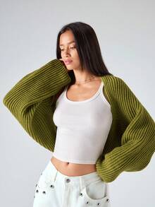 LYSMO 简约休闲纯色罗纹针织短款开衫，春秋 - 綠色 - 查看 5