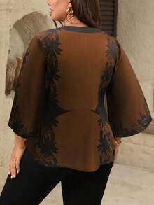 SHEIN Tall Áo kiểu nữ cổ chữ V cài nút trang trí ôm eo họa tiết tay 3/4 không đối xứng thanh lịch - màu nâu - Xem 2