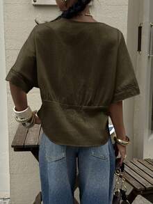 Siren Gaze Women's Striped Lace Trim Linen Blend Blouse Summer Green Casual Christmas - Army Green - View 2