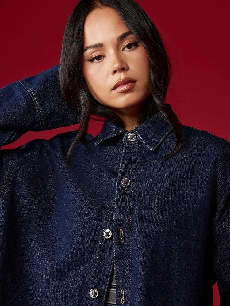 MISSGUIDED Oversized Denim Shirt Button Down Long Sleeve Classic Jean Jacket Autumn Winter Fashion Casual Streetwear Dark Wash Ladies Basic Collared Top