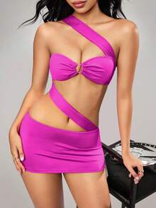 SHEIN Váy bó sát một vai màu hồng cánh sen bất đối xứng, thích hợp cho vũ công, quán bar, tiệc tùng, lễ hội âm nhạc, váy ngủ gợi cảm cho nữ - Màu Hồng Tươi - Xem 1