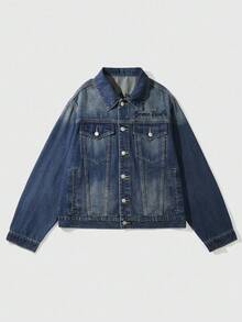 ROMWE MEN Goth Men's Autumn Letter & Skull Embroidery Single-Breasted Casual Denim Jacket - Blue - View 2