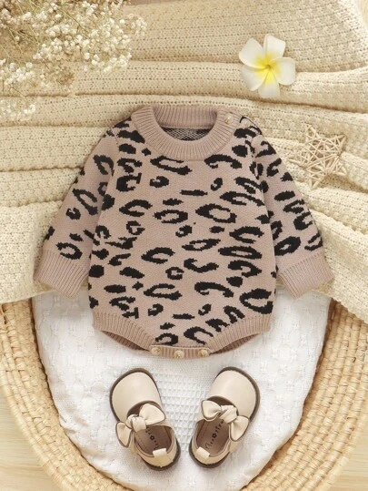 Baby Girls' Leopard Print Knitted Sweater Bodysuit, Long Sleeve Bodysuit, Suitable For Autumn/Winter, Fashionable, Versatile For Daily Wear, Home, Outdoor, Travel
