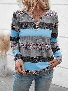 EMERY ROSE 女士休闲 V 领长袖条纹纽扣 T 恤，随机印花，秋季图案 T 恤女士春季上衣 - 彩色 - 查看 3