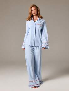 AiiRZ 女士复古风格长袖睡衣上衣纽扣式睡衣，带褶边细节胸袋休闲居家睡衣条纹睡衣