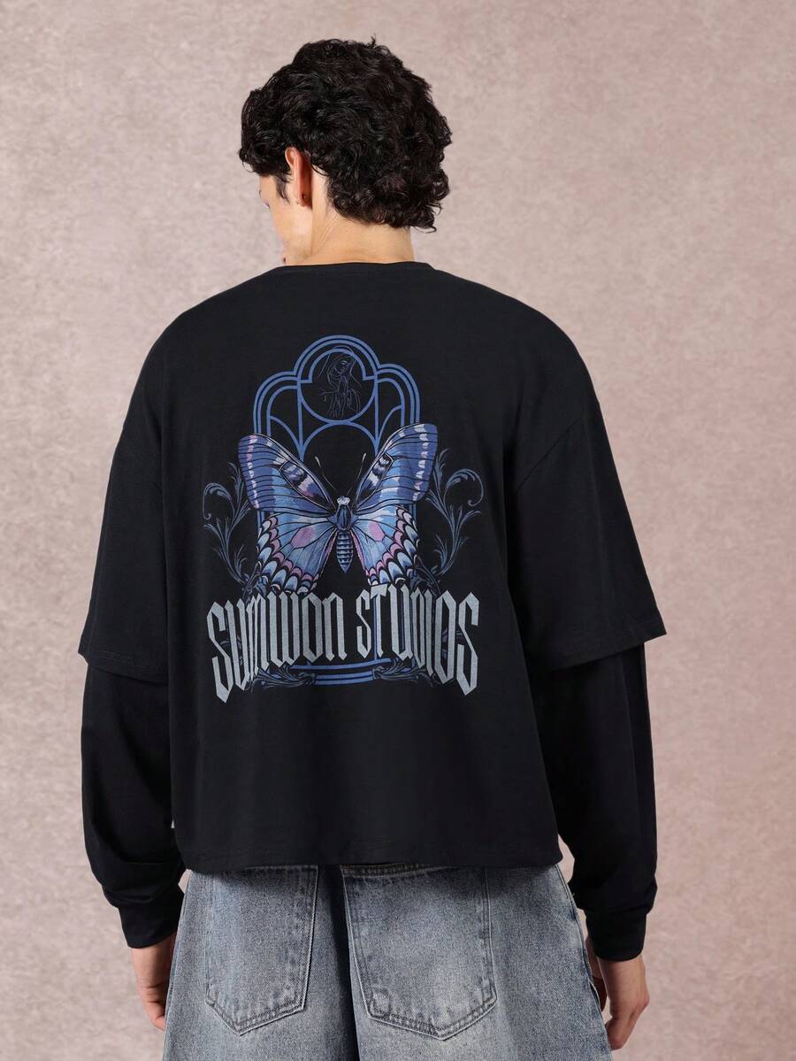 SUMWON Áo thun cotton Jersey dáng hộp cổ tròn hai lớp tay dài in hình bướm Gothic cỡ lớn, mặc thường ngày thu đông - màu đen - Xem 1