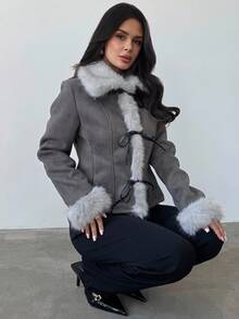 Firerie 女士休闲优雅仿皮草拼布外套/军绿色外套，皮草大衣/女士秋装/女士冬装/毛绒复合外套/秋冬日常出游装/毛绒防寒大衣 - 橄欖綠 - 查看 4