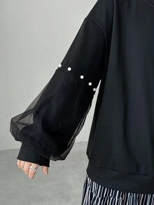 FRIFUL 女士圆领珍珠纽扣装饰灯笼袖宽松网眼拼接袖加厚纯色运动衫，万圣节服装秋冬 - 黑色 - 查看 6
