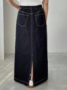 FRIFUL 女士口袋直筒宽松休闲通勤牛仔裙 长款牛仔裙 开衩牛仔裙 双色牛仔裙 开衩牛仔长裙 - 藍色 - 查看 4