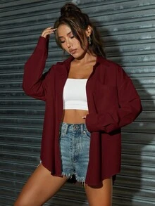 SHEIN Unity 亮色霓虹超大衬衫，休闲长袖女式衬衫 - 紅色 - 查看 6