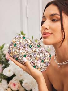 SHEIN Belle 优雅水晶装饰晚装手拿包 - 杏色 - 查看 8