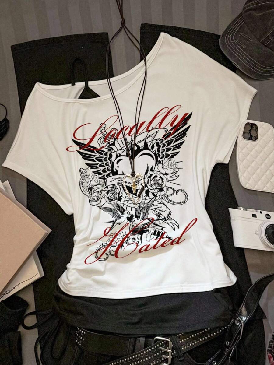 Attitoon Vintage Streetwear Punk Casual Asymmetrical Neck Drawstring T-Shirt For Women - Multicolor - View 1