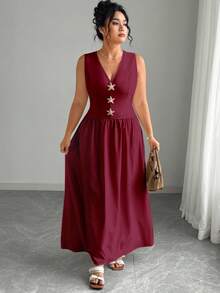 Elenzga Vestido maxi de mujer talla grande de unicolor con cuello en V sin mangas, decorado con broche de estrella de mar en la cintura, elegante y sofisticado - Burdeos - Ver 5