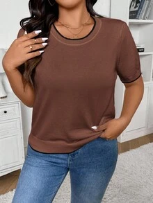 SHEIN Frenchy 大码休闲简约拼色女式针织上衣，春季新品，卡其色 - 棕色 - 查看 5