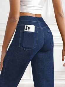 Flexra 女式口袋直筒宽松休闲百搭牛仔裤 - 藍色 - 查看 3