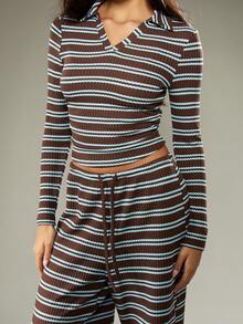 MISSGUIDED 女士罗纹针织两件套家居服套装 Co Ord 长袖上衣阔腿裤秋冬装休闲抽绳腰带 - 彩色 - 查看 5