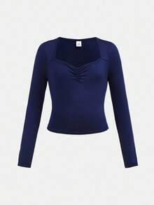 SHEIN Tween Girl Navy Blue Knit Solid Pleated Bust Sweet Girl's School Casual Long Sleeve T-Shirt, Back-To-School, Cute, Holiday Family Outdoor FALL Picnic Everyday Wear, Top Suitable For Various Occasions Winter - Navy Blue - View 3