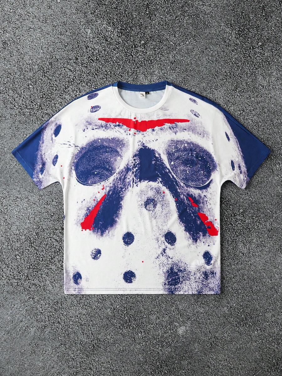 WB Horror X SHEIN Herren Rundhals Kurzarm T-Shirt mit Allover-Muster, Sommer - marineblau - Übersicht 1