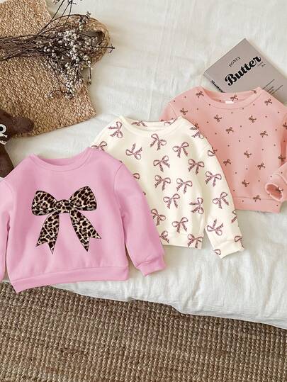 SHEIN 3 件套女婴休闲宽松圆领柔软卫衣，奶油白色、奶油米色、奶油粉色，复古豹纹蝴蝶结，迷你波尔卡圆点蝴蝶结图案，适合秋冬季