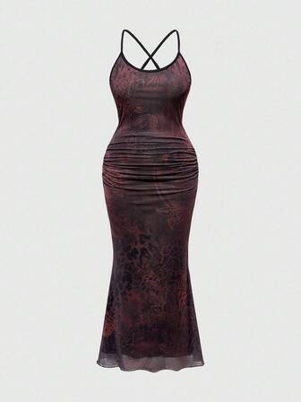 فستان جسم مشدود بنمط الفهد والزهور الجاكار الشبكي بحجم كبير