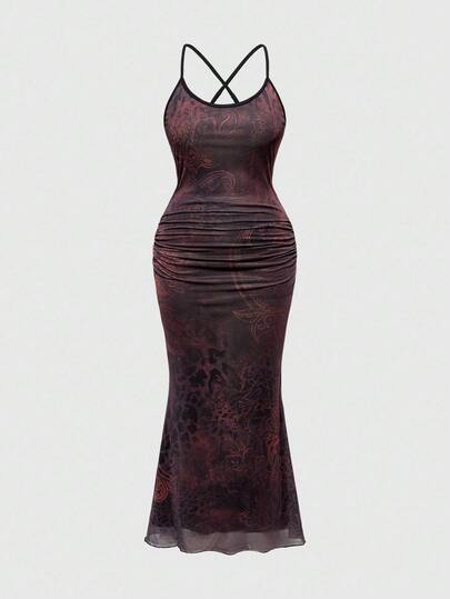 فستان جسم مشدود بنمط الفهد والزهور الجاكار الشبكي بحجم كبير